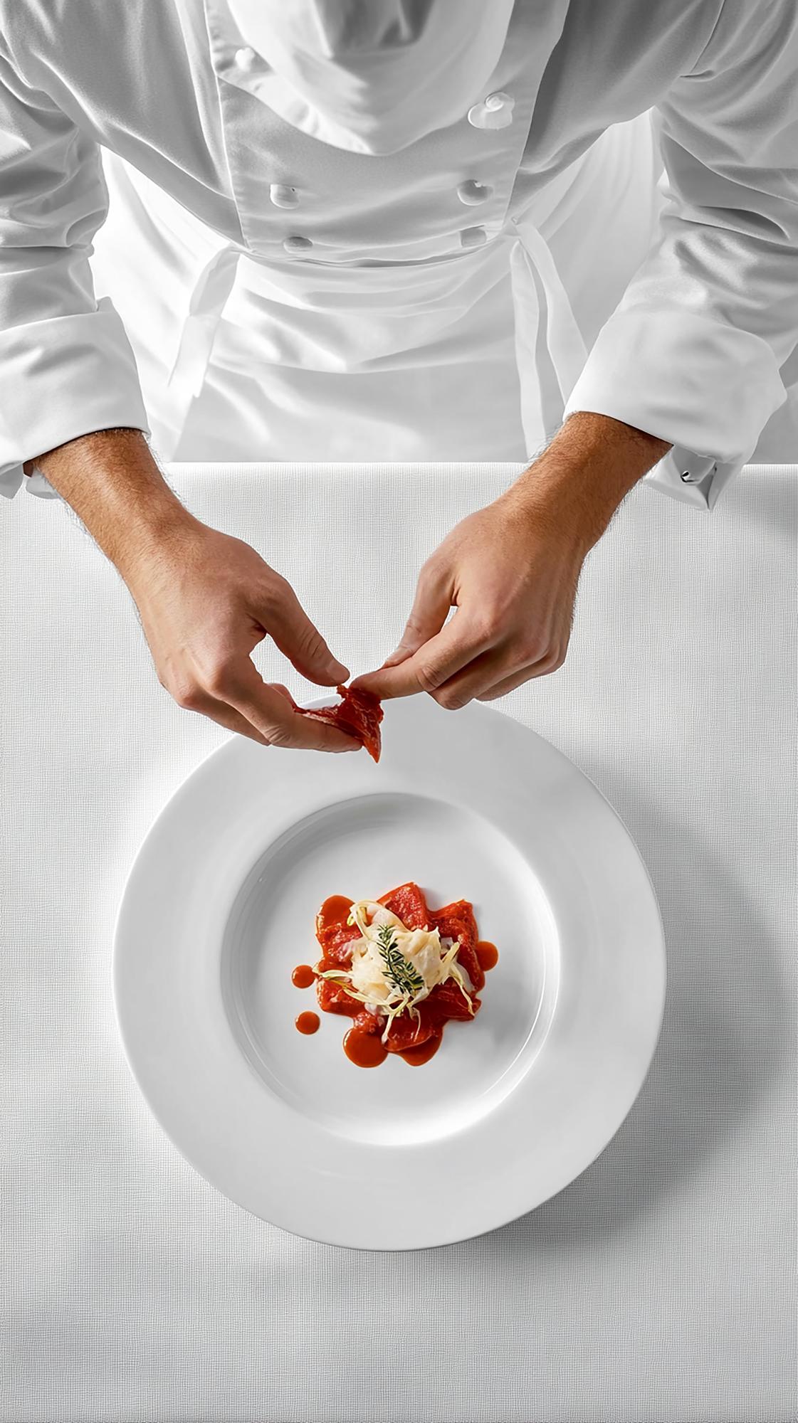 Chef plating a colorful dish in a modern kitchen