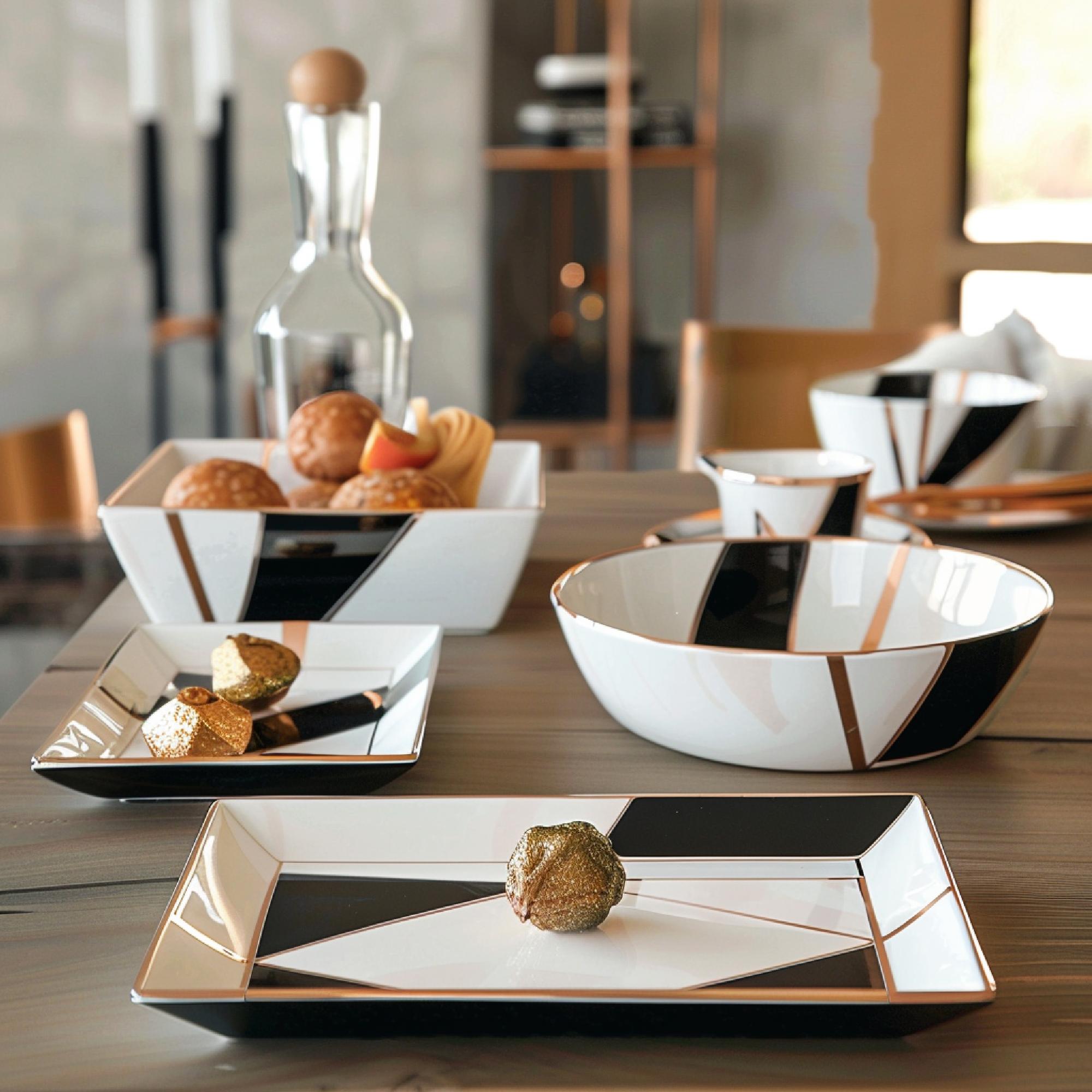 Three plated packages displayed on a table